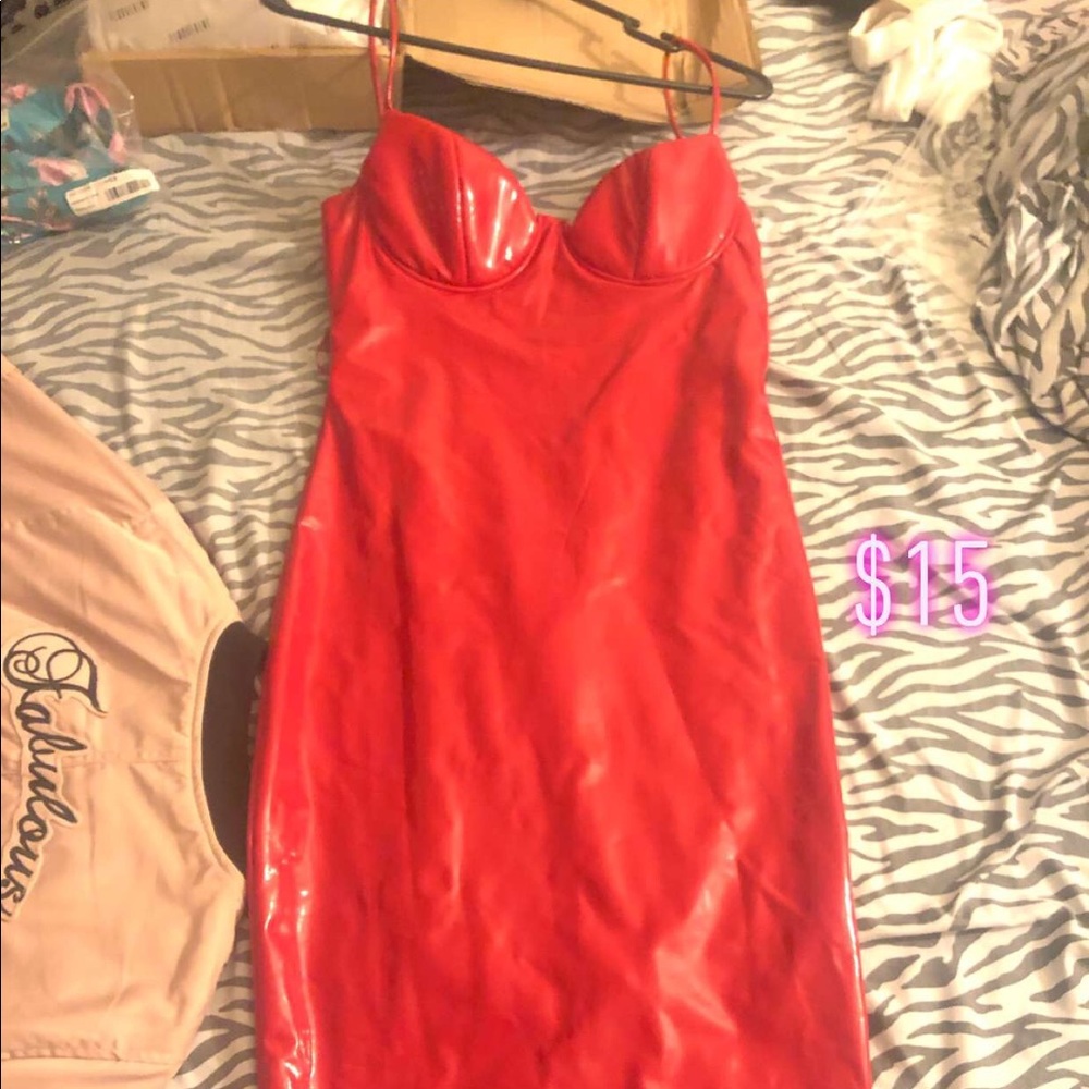 Red faux leather dress
